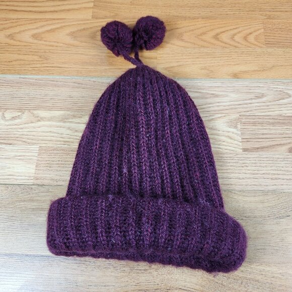 Vintage Purple Knit Beanie Hat W/ Pom-Poms Hansen One Size Fits All - Picture 1 of 4